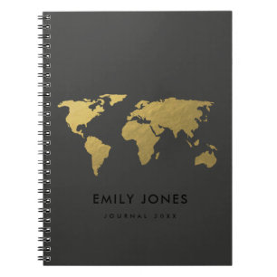 CARNET ÉLÉGANT GOLD FAUX BLACK WORLD MAP PERSONNALISÉ