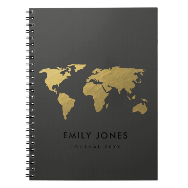 CARNET ÉLÉGANT GOLD FAUX BLACK WORLD MAP PERSONNALISÉ (Devant)