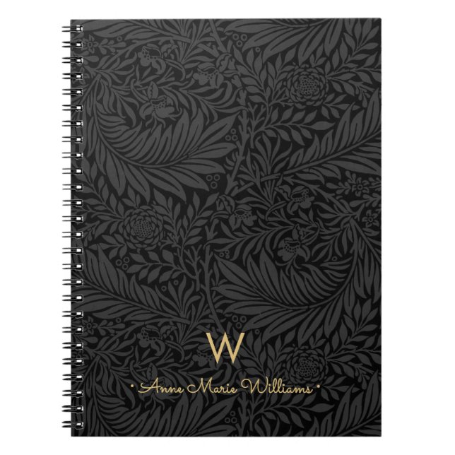 Carnet Elegant Gold Monogram Name Black Floral Pattern (Devant)