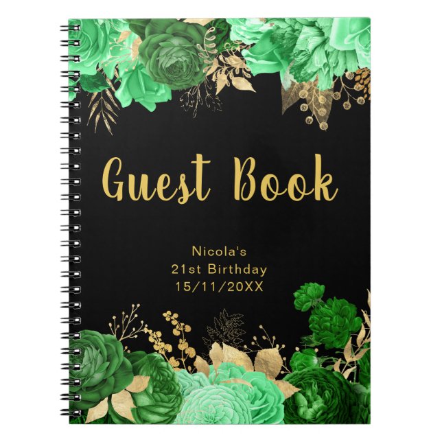 Carnet Elegant Green and Gold Flowers Birthday Guest Book (Devant)