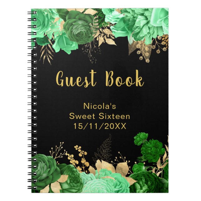 Carnet Elegant Green and Gold Flowers Sweet Sixteen (Devant)