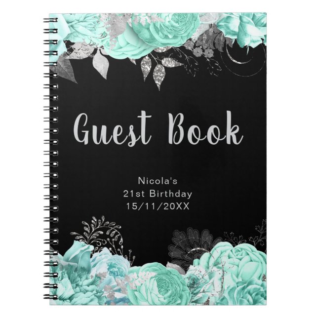 Carnet Elegant Green and Silver Flower Guest Book (Devant)