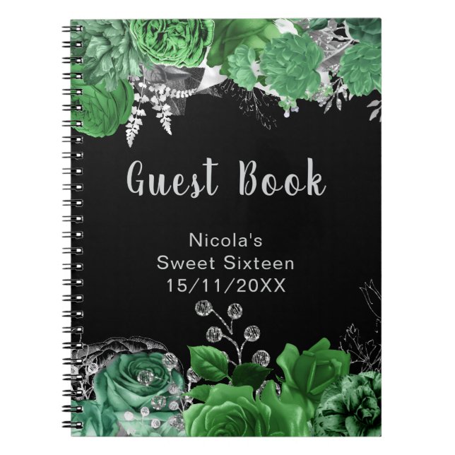 Carnet Elegant Green and Silver Flowers Sweet Sixteen  (Devant)