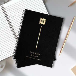 Carnet Élégant Imprimé Cuir Noir & Or Monogramme Spirale