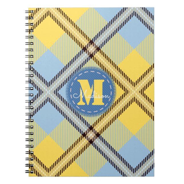Carnet Élégant Jeans Tartan Bleu Jaune Monogramme Script (Devant)