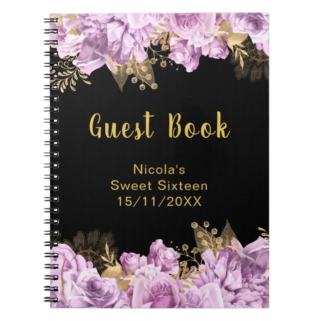 Carnet Elegant Lilac and Gold Flowers Sweet Sixteen (Devant)