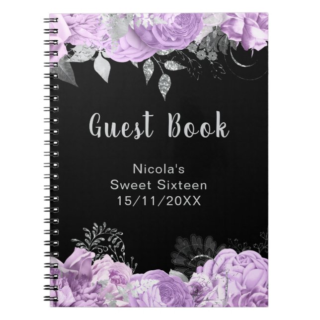 Carnet Elegant Lilac and Silver Flowers Sweet Sixteen (Devant)