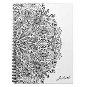 Carnet Elégant Mandala Art floral Cercle noir et blanc