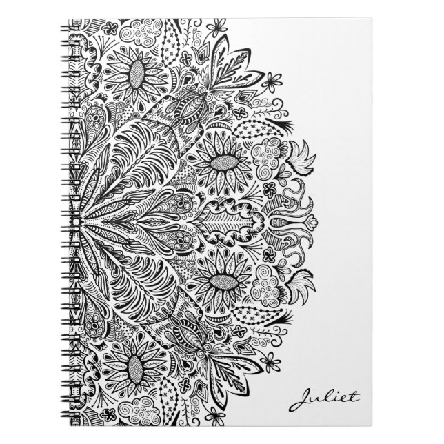 Carnet Elégant Mandala Art floral Cercle noir et blanc (Devant)