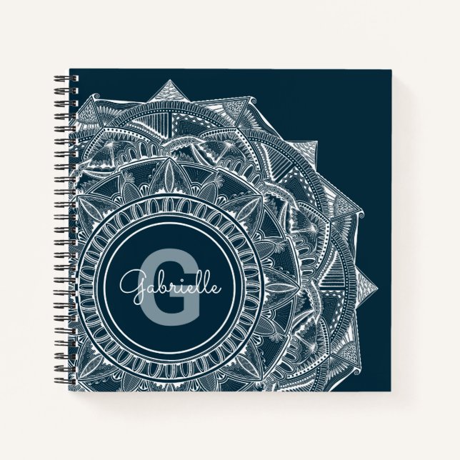 Carnet Élégant Mandala Art Monogramme Nom initial Bleu (Devant)
