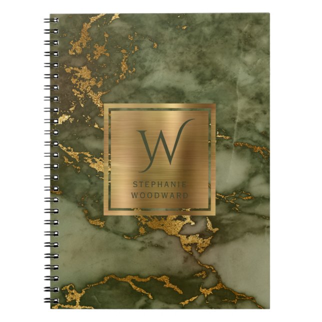 Carnet Élégant Marbre Vert Olive Or Monogramme (Devant)