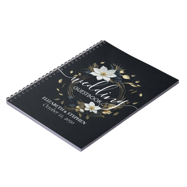 Carnet Élégant Mariage de couronnes florales noir blanc e (Côté gauche)