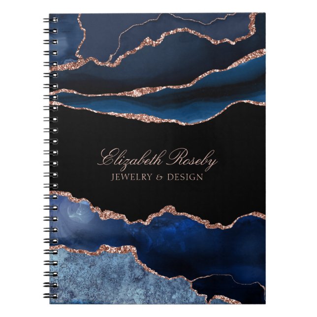 Carnet Elégant Marine Blue Rose Gold Agate Geode Business (Devant)