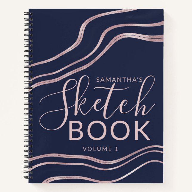 Carnet Elegant Marine Blue Rose Gold Sketchbook Votre nom (Devant)