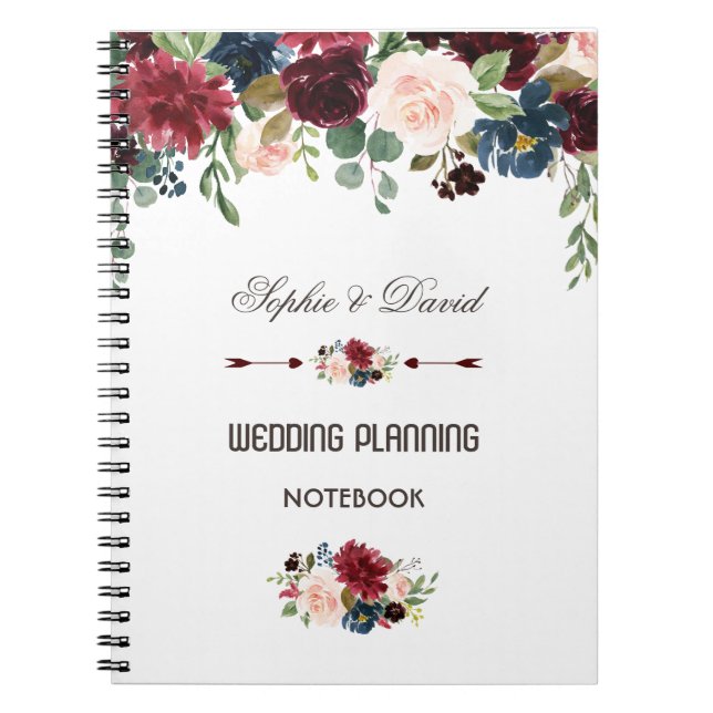 Carnet Elégant Merlot Navy Blue Floral Wedding planner (Devant)