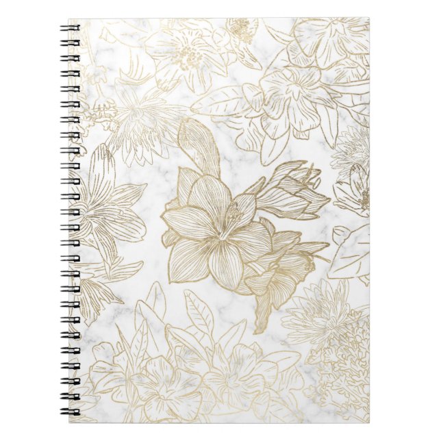 Carnet Elégant moderne blanc gris or marbre floral (Devant)