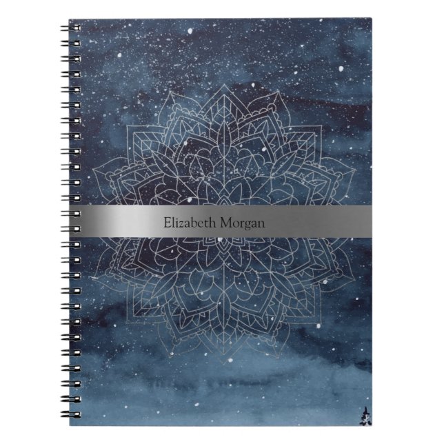 Carnet Elégant moderne en argent Mandala Stripe Navy bleu (Devant)