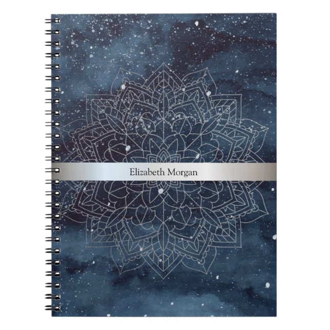 Carnet Elégant moderne en argent Mandala Stripe Navy bleu (Devant)