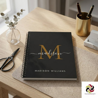 Carnet Élégant Monogram Black Gold Script Office School