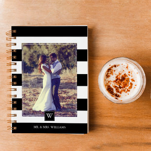 Carnet Élégant Monogramme à rayures noir et blanc