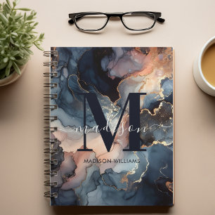 Carnet Élégant Monogramme Aquarelle Marbre rose Bleu Fill