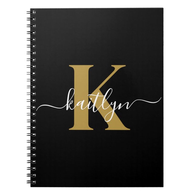 Carnet Élégant Monogramme Black Gold Script (Devant)