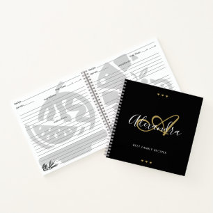 Carnet Élégant Monogramme Black Gold Script Nom Recette