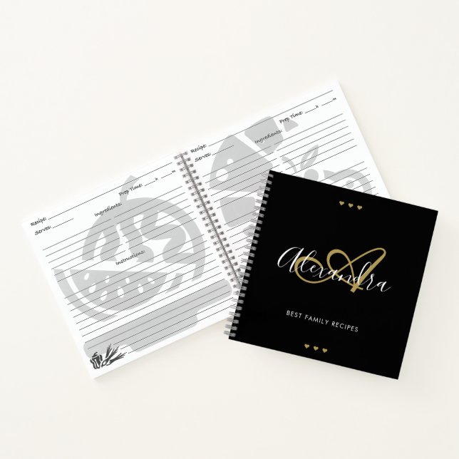 Carnet Élégant Monogramme Black Gold Script Nom Recette (Intérieur)