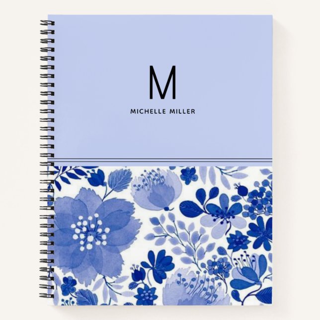 Carnet Élégant Monogramme Bleu Tons Floraux Fleur (Devant)
