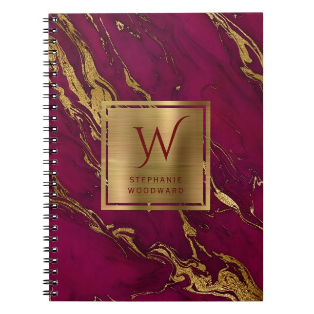 Carnet Élégant Monogramme de marbre doré bordeaux (Devant)