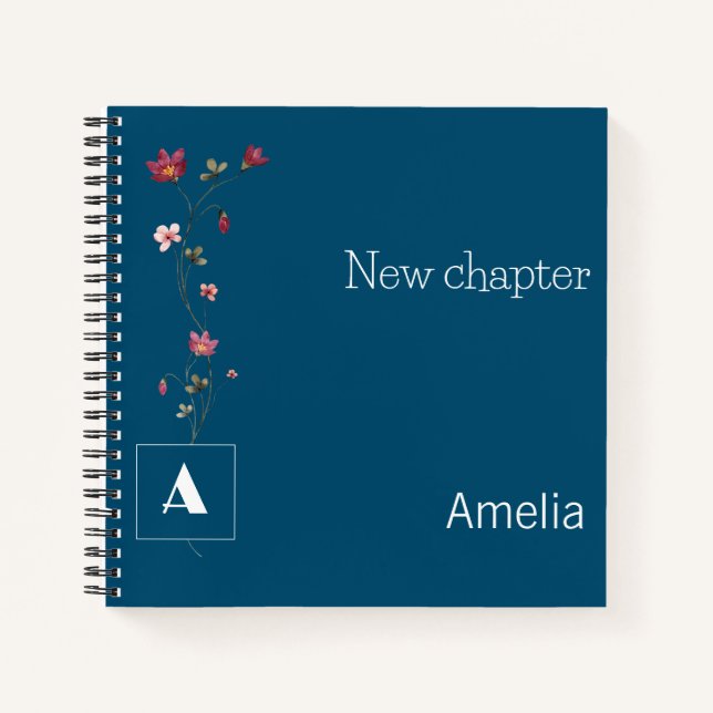 Carnet Élégant monogramme de retraite nom floral bleu fon (Devant)