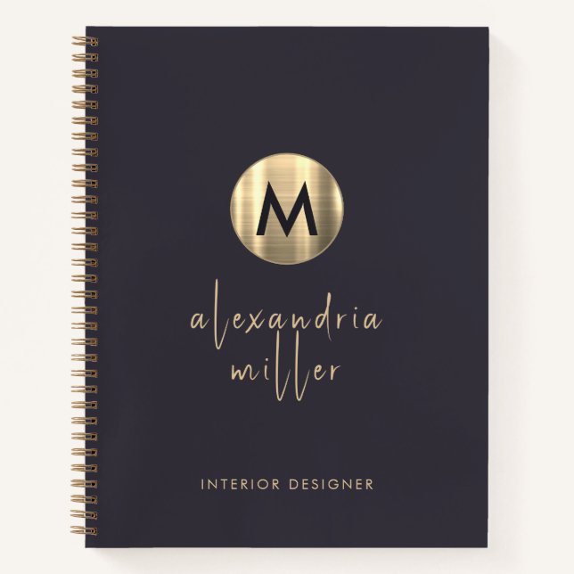 Carnet Élégant Monogramme d'or bleu Indigo (Devant)