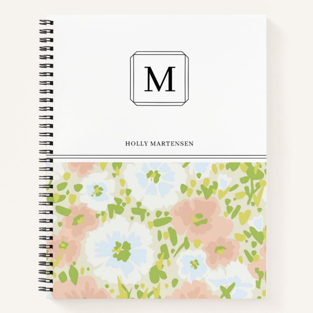 Carnet Élégant Monogramme Fleurs Aquarelle Rose Blanc (Devant)