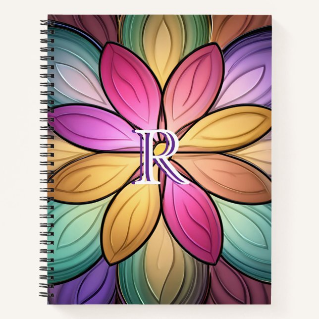 Carnet Élégant monogramme floral initial en verre teinté (Devant)