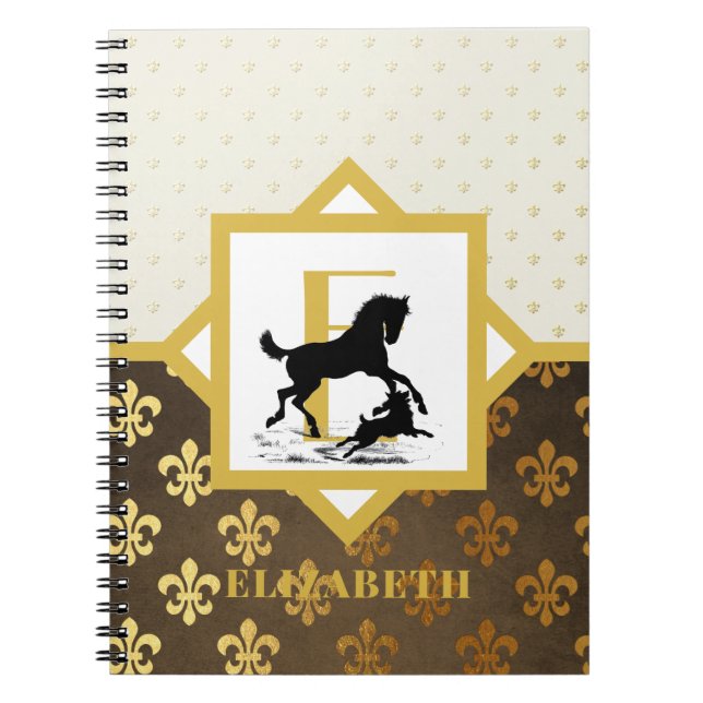 Carnet Élégant Monogramme Horse Dog Gold Bronze Fleurdely (Devant)