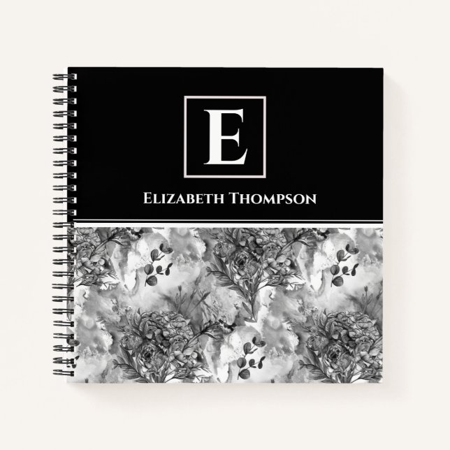 Carnet Élégant Monogramme noir et blanc Custom Floral (Devant)