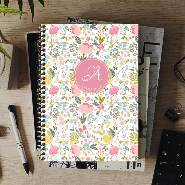 Carnet Élégant monogramme nom motif floral personnalisé (Créateur téléchargé)