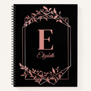 Carnet Élégant monogrammé rose cadre or feuille noir