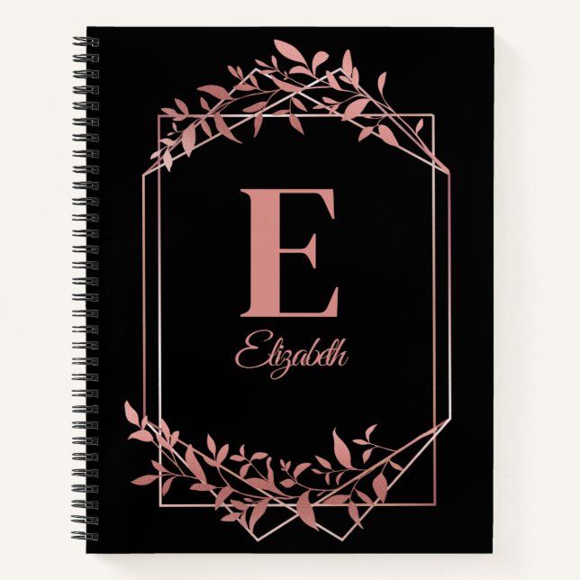 Carnet Élégant monogrammé rose cadre or feuille noir (Devant)