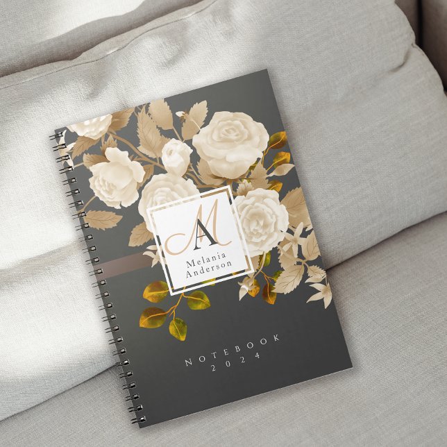 Carnet Élégant Monogramme Rose Gold Grey (Romantic Elegant Rose Monogram Notebook.)