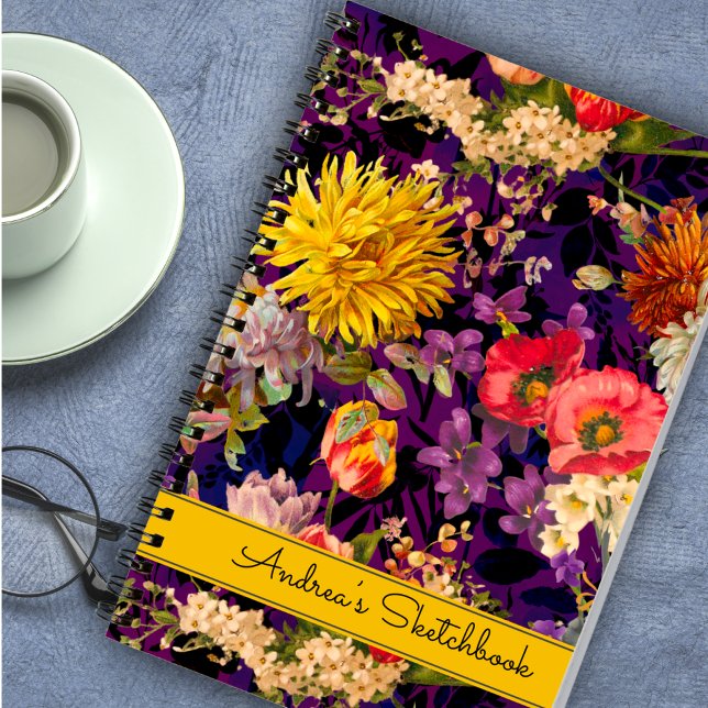 Carnet Élégant motif floral jaune violet (Créateur téléchargé)