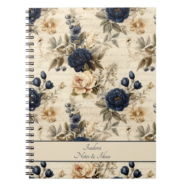 Carnet Elégant motif floral Rose crème bleue (Devant)