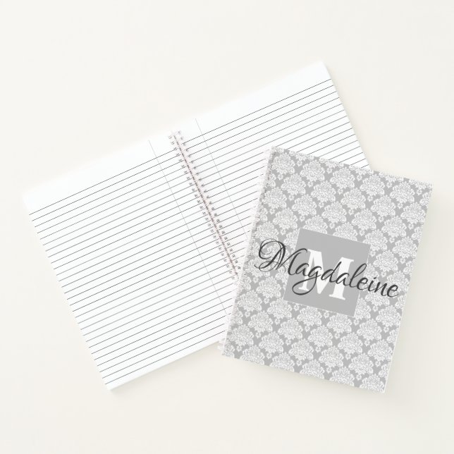 Carnet Elégant motif gris et blanc damassé chic spiral (Intérieur)