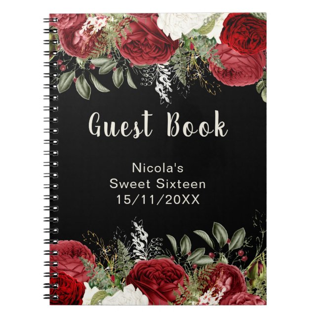 Carnet Élégant Noël Fleurs Rouges Sweet Seize Invité  (Devant)