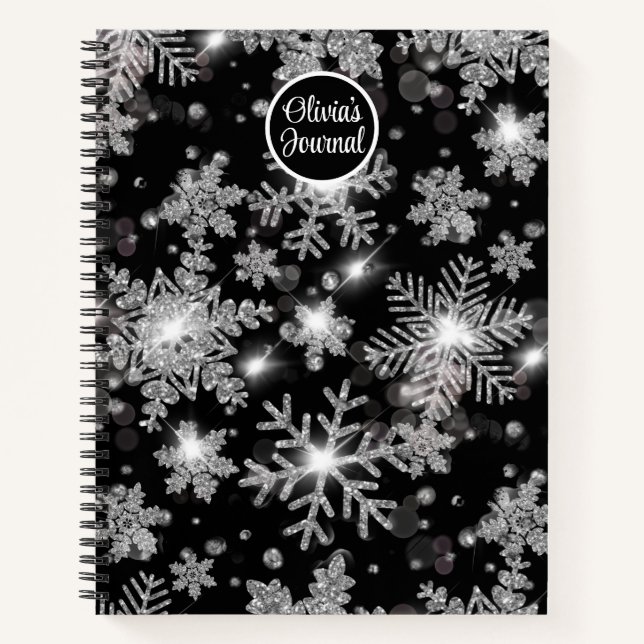 Carnet Élégant Noël noir blanc argent flocons de neige (Devant)