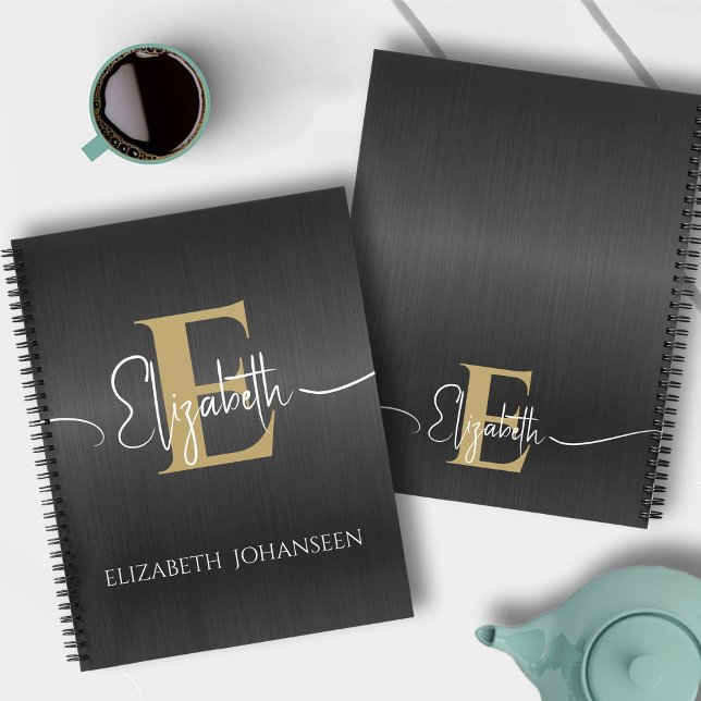 Carnet Élégant noir brossé métal or Monogramme (Créateur téléchargé)