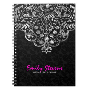 Carnet Elégant noir Damas Argent métal Vintage dentelle