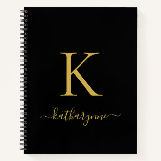 Carnet Élégant Noir Monogramme Or Nom du script