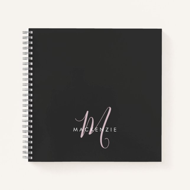 Carnet Élégant Noir Noir Blush Pink Script Monogramme (Devant)