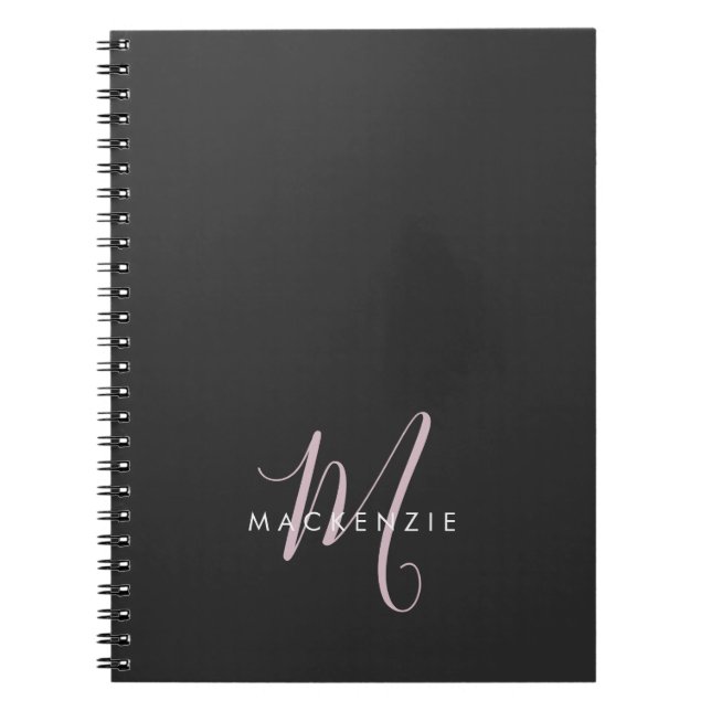 Carnet Élégant Noir Noir Blush Pink Script Monogramme (Devant)